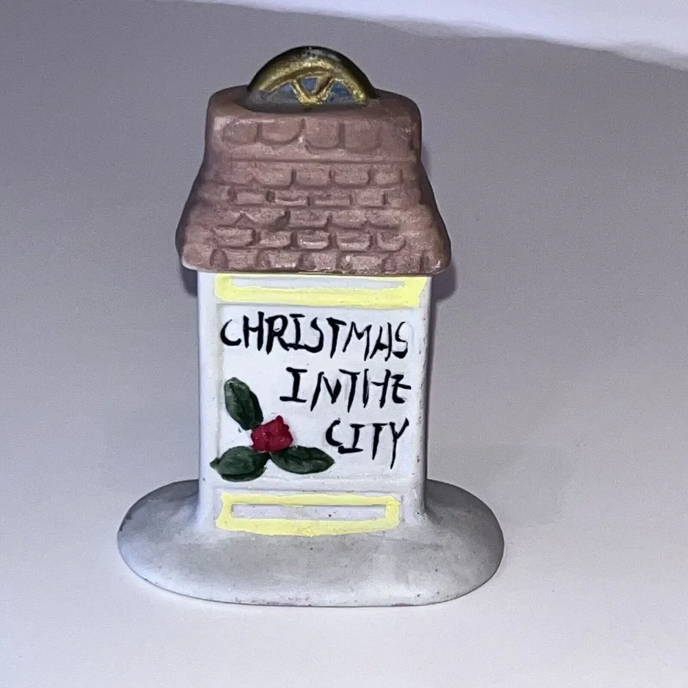 2 Christmas‎ Village Ceramic Figurines Man On Bicycle & Christmas In City Sign
